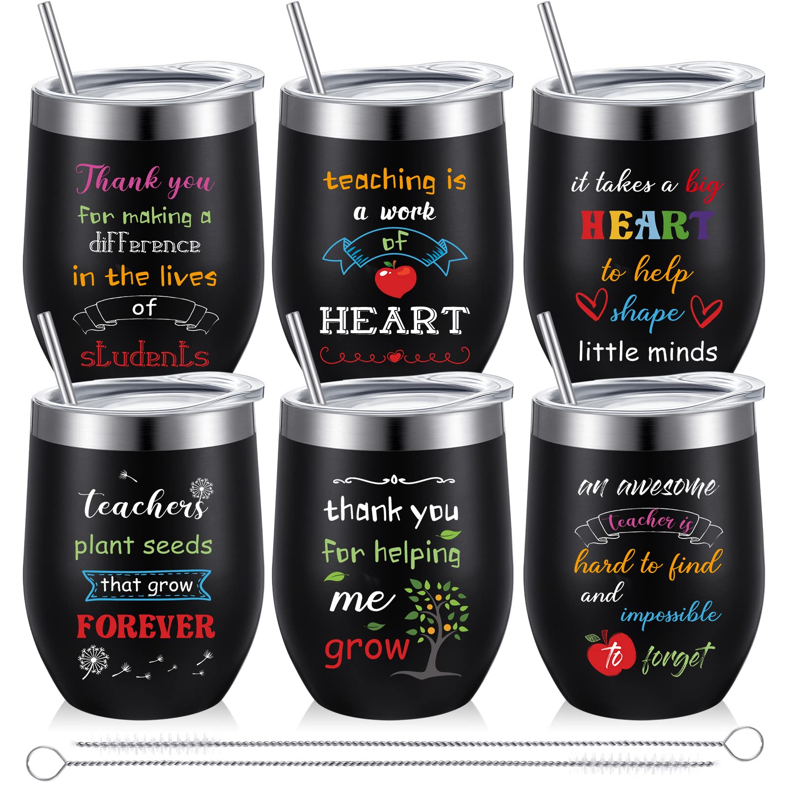 6 Pieces Teacher Gifts Teacher Tumbler Bulk 12oz Stainless Steel Teacher Wine Glass with Lids and Straws Teacher Appreciation, Birthday Gifts for Daycare, Preschool, Kindergarten Teacher