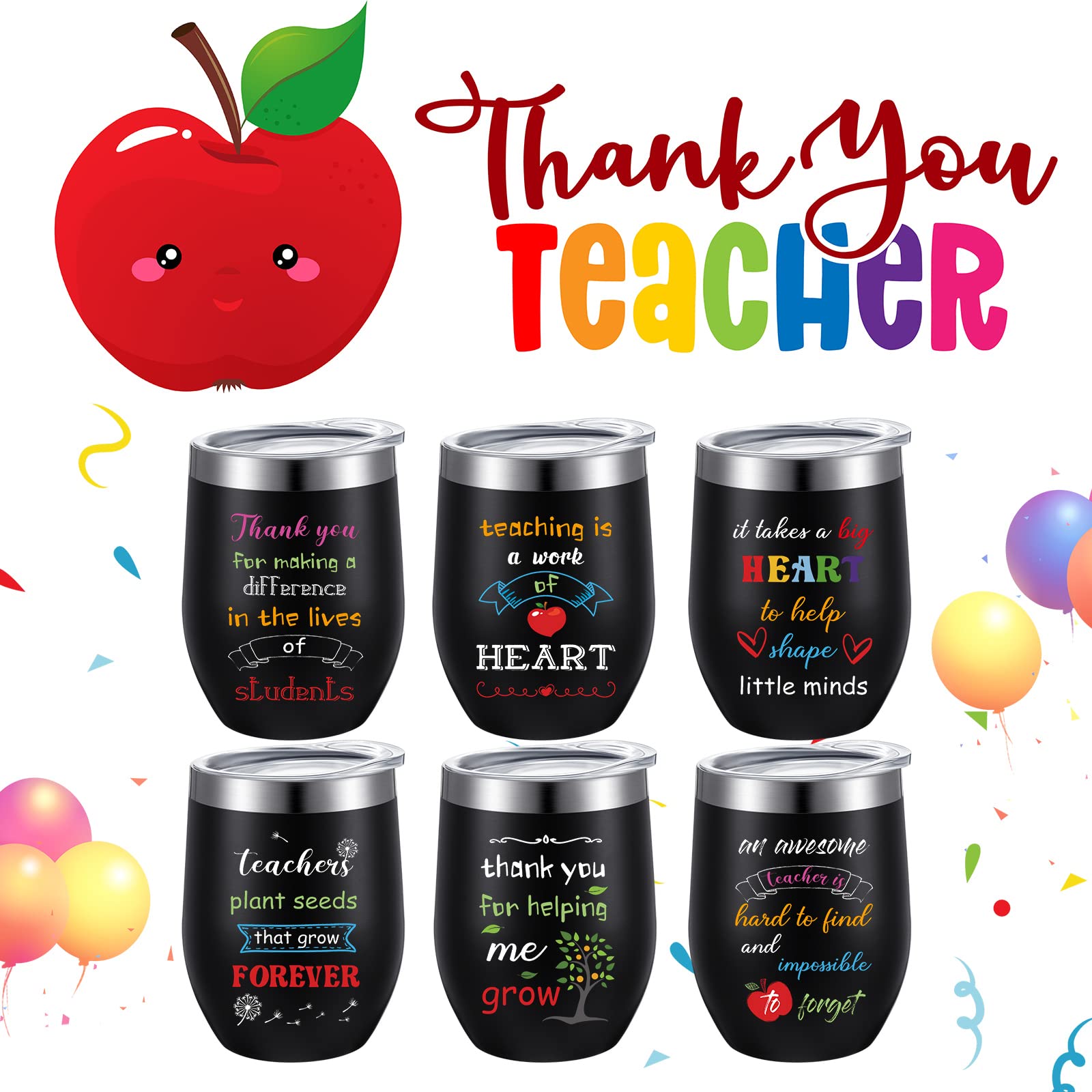 6 Pieces Teacher Gifts Teacher Tumbler Bulk 12oz Stainless Steel Teacher Wine Glass with Lids and Straws Teacher Appreciation, Birthday Gifts for Daycare, Preschool, Kindergarten Teacher