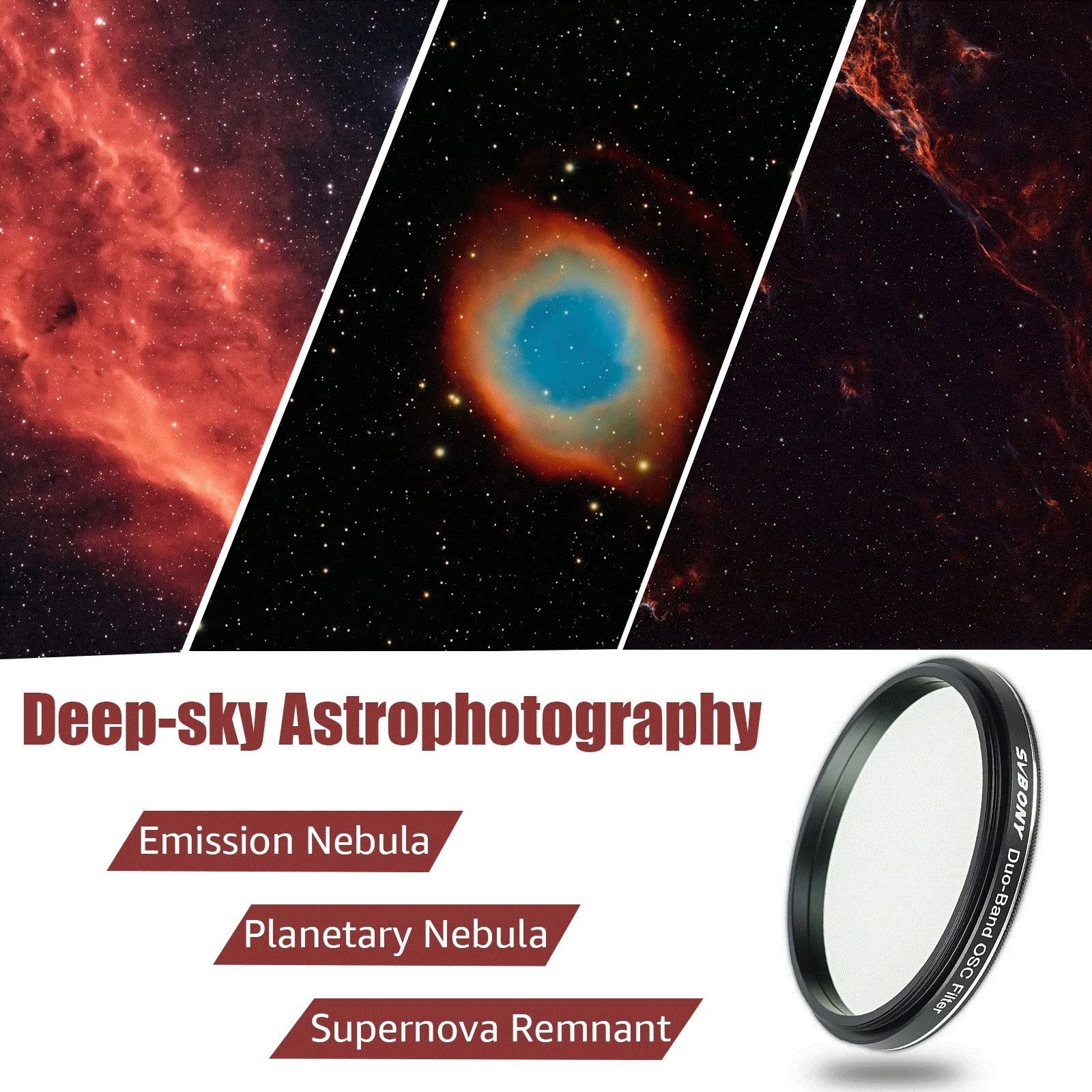 SVBONY SV220 Telescope Filter, 2 inches Dual-Band Nebula Filter, H-Alpha and O-III Narrowband Filter for One-Shot Color Cameras, Light Pollution Filter for Astrophotography