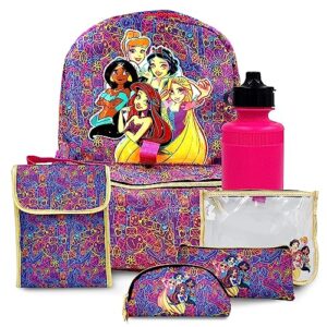 Disney Princess Backpack for Girls 16 inch - 6-Piece Set, Princess Bookbag with Lunch Box, Ideal for Back to School & Elementary Age Girls