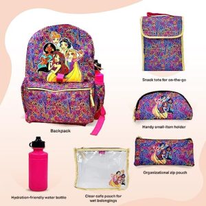 Disney Princess Backpack for Girls 16 inch - 6-Piece Set, Princess Bookbag with Lunch Box, Ideal for Back to School & Elementary Age Girls