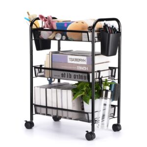 mehukoj 3 tier all-metal rolling utility cart with locking wheels,easy-carry and assembly mesh trolley cart with 2 small baskets and 4 hooks for bathroom kitchen office balcony,slide-out narrow shelf