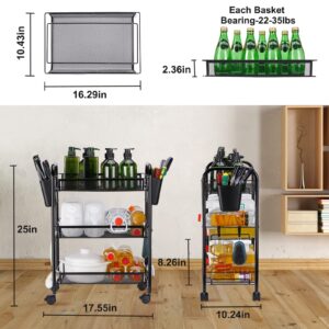 MEHUKOJ 3 Tier All-Metal Rolling Utility Cart with Locking Wheels,Easy-Carry and Assembly Mesh Trolley Cart with 2 Small Baskets and 4 Hooks for Bathroom Kitchen Office Balcony,Slide-Out Narrow Shelf