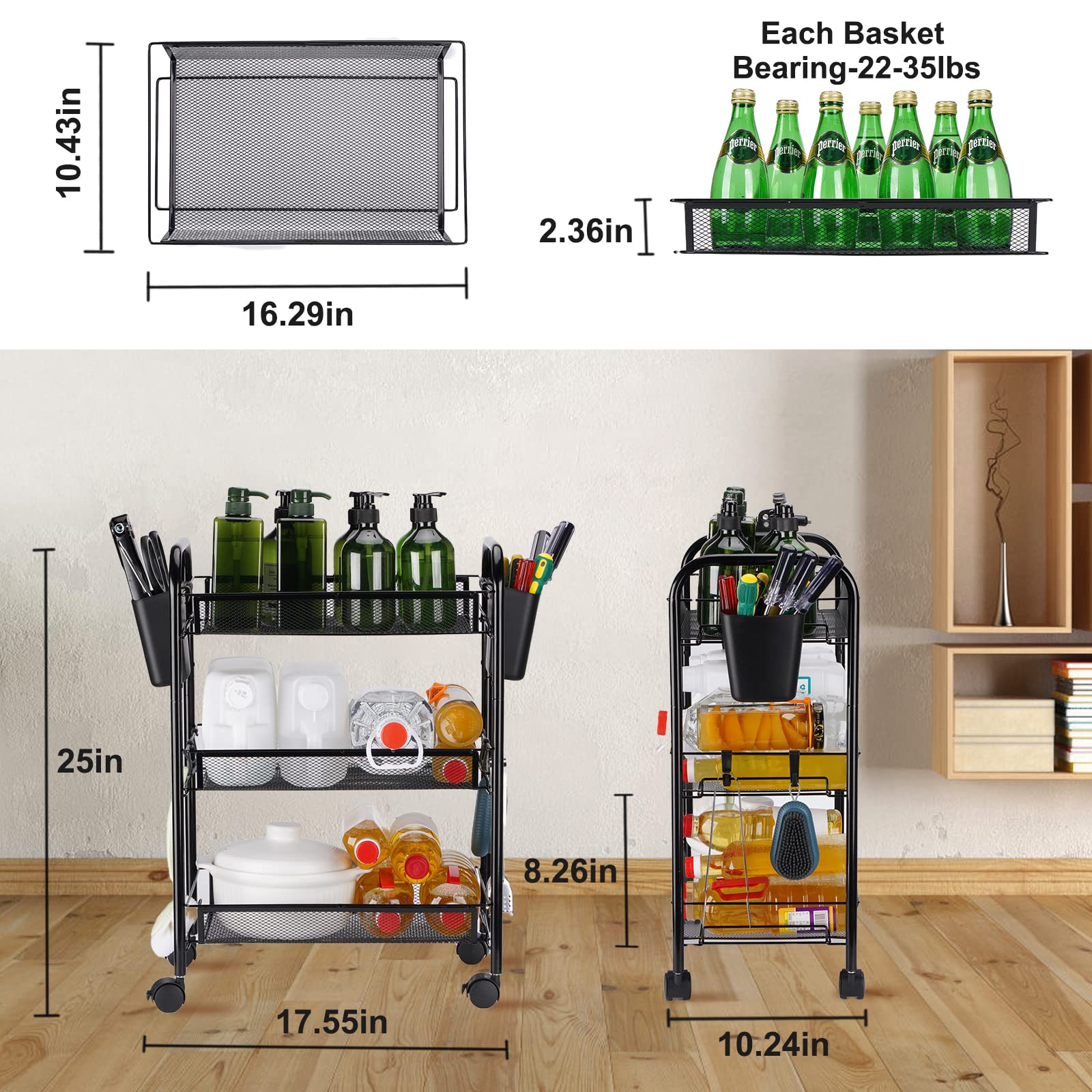 MEHUKOJ 3 Tier All-Metal Rolling Utility Cart with Locking Wheels,Easy-Carry and Assembly Mesh Trolley Cart with 2 Small Baskets and 4 Hooks for Bathroom Kitchen Office Balcony,Slide-Out Narrow Shelf