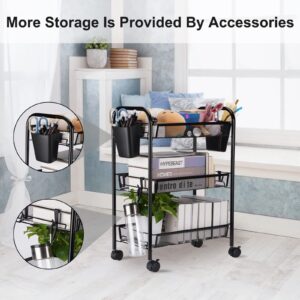 MEHUKOJ 3 Tier All-Metal Rolling Utility Cart with Locking Wheels,Easy-Carry and Assembly Mesh Trolley Cart with 2 Small Baskets and 4 Hooks for Bathroom Kitchen Office Balcony,Slide-Out Narrow Shelf