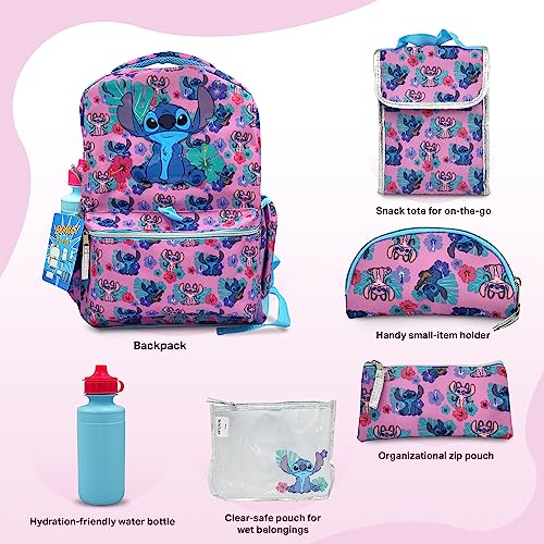 Fast Forward Lilo and Stitch Backpack for Girls 16 inch- 6-Piece Set, Perfect for School, Stitch Book Bag with Lunch Box, Perfect for Back to School & Elementary Age Girls