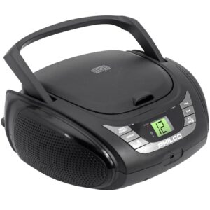 philco portable bluetooth boombox with cd player | cd player is compatible with mp3/wma/cd-r/cd-rw cds | am fm radio with bluetooth | 3.5mm aux input | stereo sound | led display | ac/battery powered