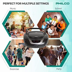 Philco Portable Bluetooth Boombox with CD Player | CD Player is Compatible with MP3/WMA/CD-R/CD-RW CDs | AM FM Radio with Bluetooth | 3.5mm Aux Input | Stereo Sound | LED Display | AC/Battery Powered