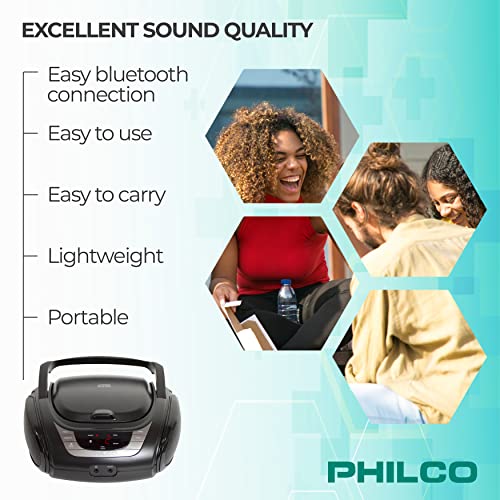 Philco Portable Bluetooth Boombox with CD Player | CD Player is Compatible with MP3/WMA/CD-R/CD-RW CDs | AM FM Radio with Bluetooth | 3.5mm Aux Input | Stereo Sound | LED Display | AC/Battery Powered