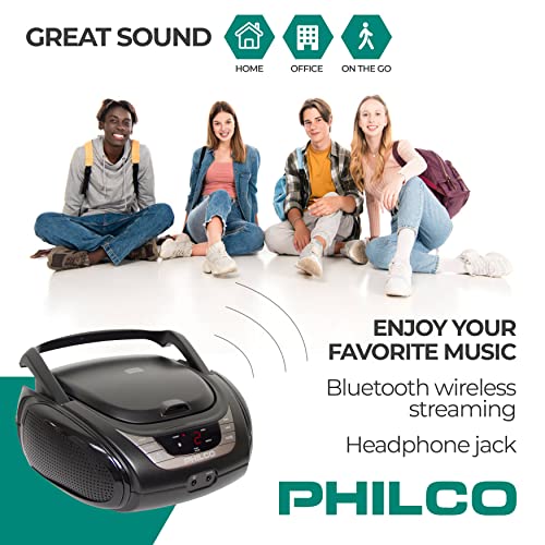 Philco Portable Bluetooth Boombox with CD Player | CD Player is Compatible with MP3/WMA/CD-R/CD-RW CDs | AM FM Radio with Bluetooth | 3.5mm Aux Input | Stereo Sound | LED Display | AC/Battery Powered