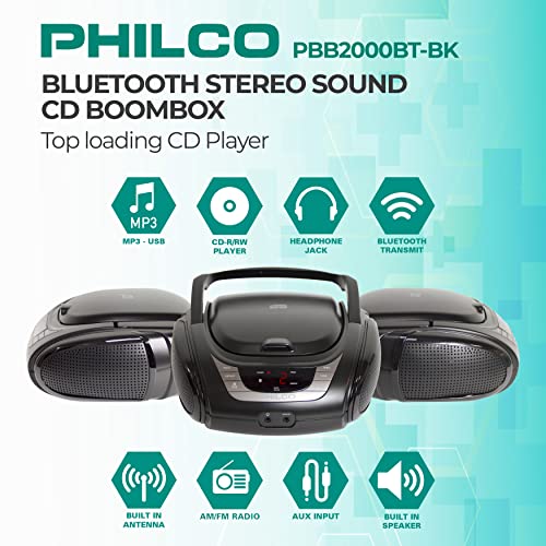 Philco Portable Bluetooth Boombox with CD Player | CD Player is Compatible with MP3/WMA/CD-R/CD-RW CDs | AM FM Radio with Bluetooth | 3.5mm Aux Input | Stereo Sound | LED Display | AC/Battery Powered