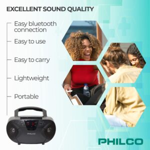 Philco Portable Bluetooth Boombox with CD and Cassette Player | Cassette Recorder | Connect to Headphones | CD Player is Compatible with MP3/WMA/CD-R/CD-RW CDs | 3.5mm Aux Input | AC/Battery Powered