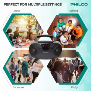 Philco Portable Bluetooth Boombox with CD and Cassette Player | Cassette Recorder | Connect to Headphones | CD Player is Compatible with MP3/WMA/CD-R/CD-RW CDs | 3.5mm Aux Input | AC/Battery Powered