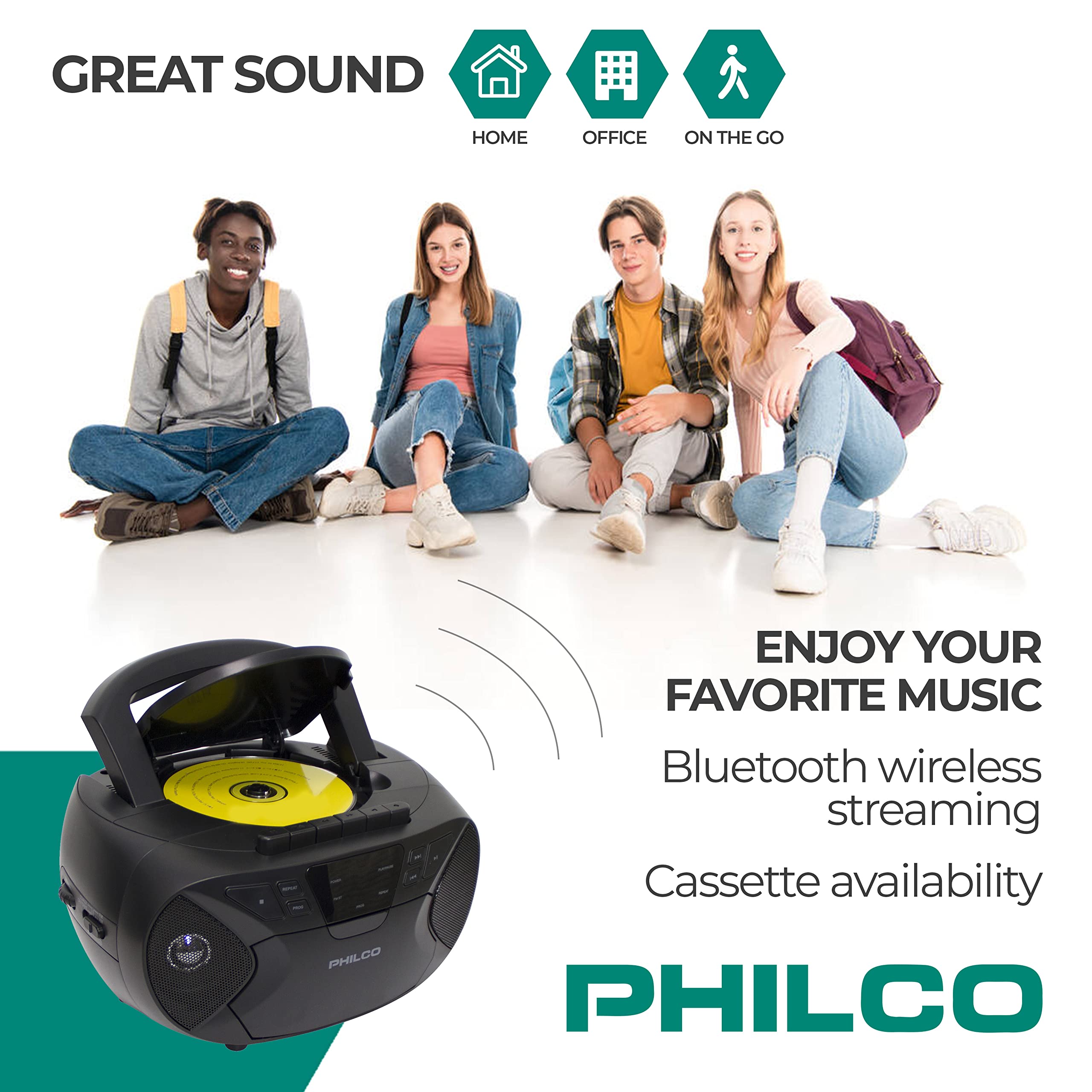 Philco Portable Bluetooth Boombox with CD and Cassette Player | Cassette Recorder | Connect to Headphones | CD Player is Compatible with MP3/WMA/CD-R/CD-RW CDs | 3.5mm Aux Input | AC/Battery Powered