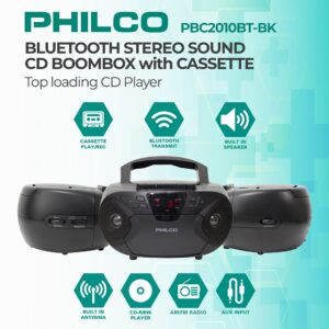 Philco Portable Bluetooth Boombox with CD and Cassette Player | Cassette Recorder | Connect to Headphones | CD Player is Compatible with MP3/WMA/CD-R/CD-RW CDs | 3.5mm Aux Input | AC/Battery Powered