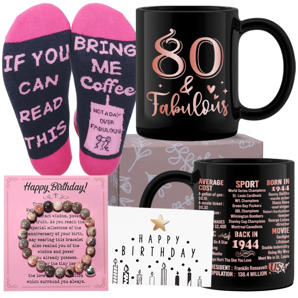 80th Birthday Gifts Set for Women, 80 Years Old Gifts Basket for Friend Coworker Sister Wife Mom Aunt Grandma, Back in 1944 Birthday Party Supplies, Turning 80 Coffee Mug Gifts Box