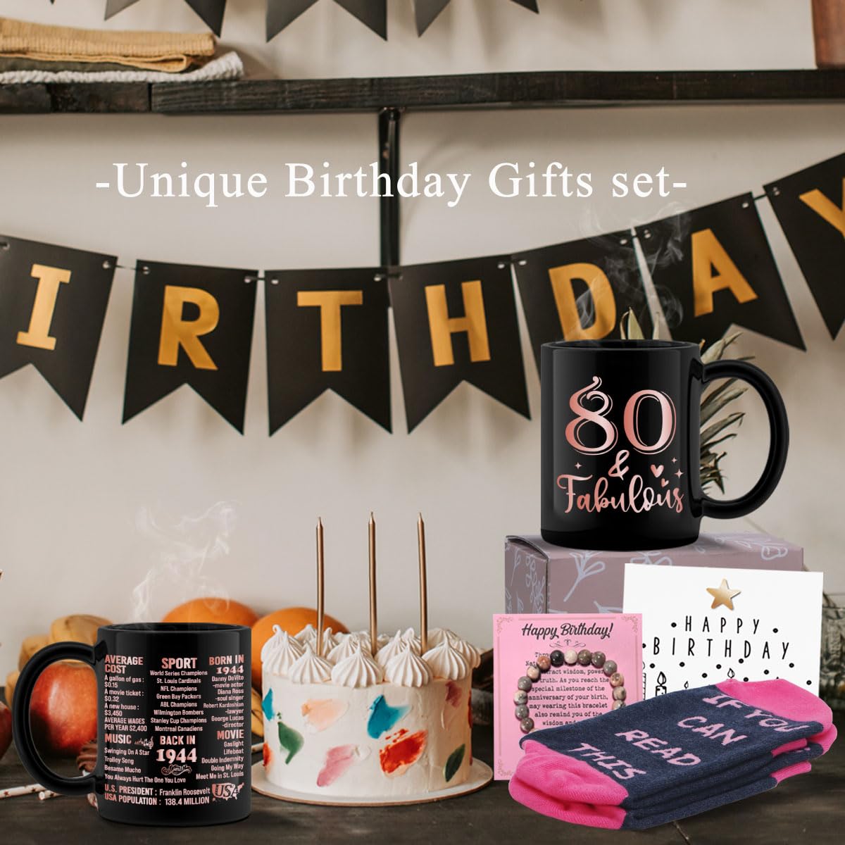 80th Birthday Gifts Set for Women, 80 Years Old Gifts Basket for Friend Coworker Sister Wife Mom Aunt Grandma, Back in 1944 Birthday Party Supplies, Turning 80 Coffee Mug Gifts Box