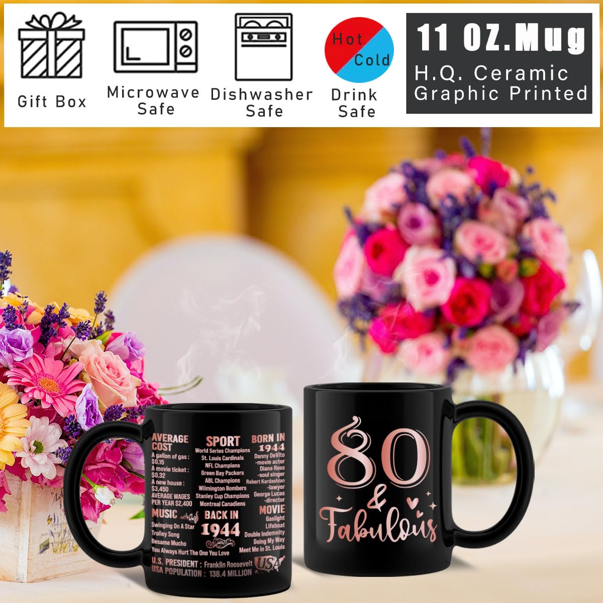 80th Birthday Gifts Set for Women, 80 Years Old Gifts Basket for Friend Coworker Sister Wife Mom Aunt Grandma, Back in 1944 Birthday Party Supplies, Turning 80 Coffee Mug Gifts Box