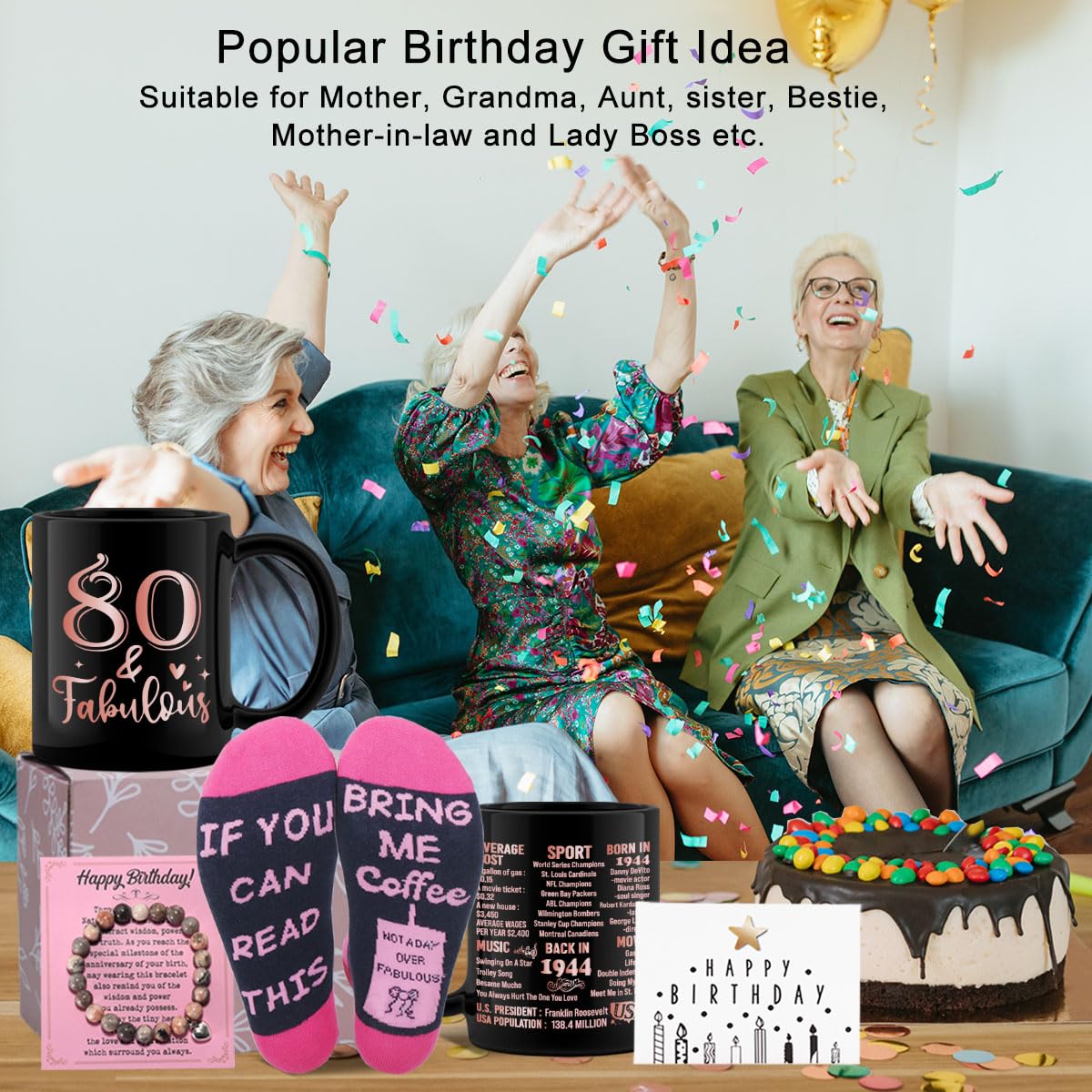 80th Birthday Gifts Set for Women, 80 Years Old Gifts Basket for Friend Coworker Sister Wife Mom Aunt Grandma, Back in 1944 Birthday Party Supplies, Turning 80 Coffee Mug Gifts Box