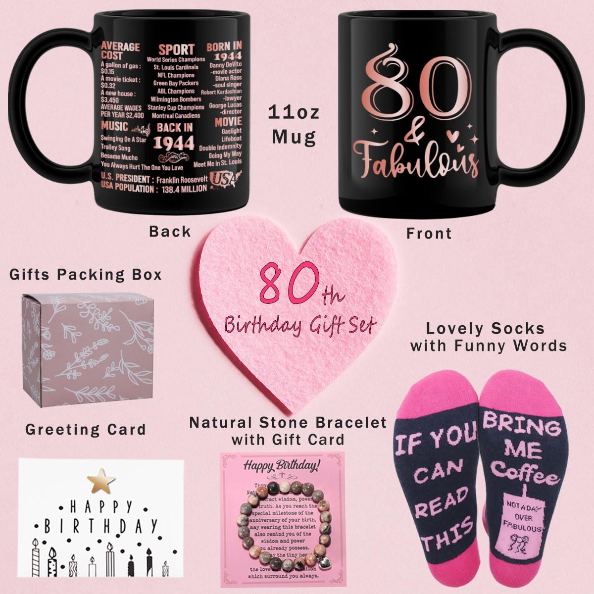 80th Birthday Gifts Set for Women, 80 Years Old Gifts Basket for Friend Coworker Sister Wife Mom Aunt Grandma, Back in 1944 Birthday Party Supplies, Turning 80 Coffee Mug Gifts Box