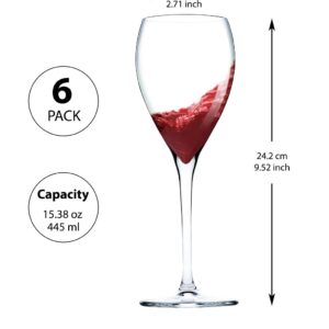 Biandeco Long Stem Wine Glasses Set of 6, 15.38 oz Premium Tempered Thin Rim Glasses for Drinking Red/White Wine, Crystal Clear Lead-Free Sturdy Glass - Made in Europe