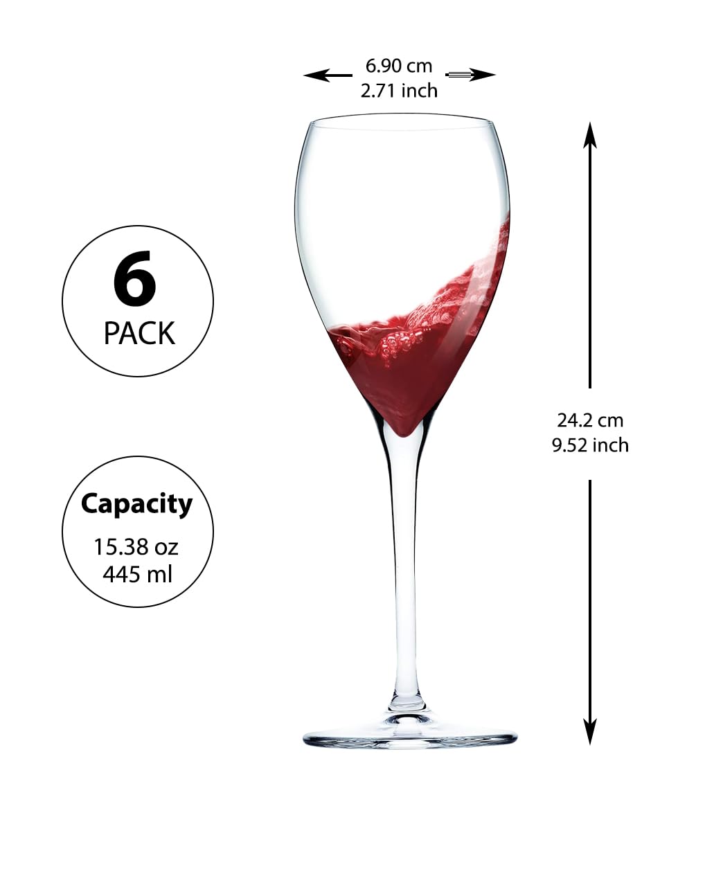 Biandeco Long Stem Wine Glasses Set of 6, 15.38 oz Premium Tempered Thin Rim Glasses for Drinking Red/White Wine, Crystal Clear Lead-Free Sturdy Glass - Made in Europe