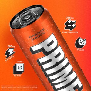 PRIME Energy ORANGE MANGO | Zero Sugar Energy Drink | Preworkout Energy | 200mg Caffeine with 355mg of Electrolytes and Coconut Water for Hydration| Vegan | Gluten Free |12 Fluid Ounce | 12 Pack