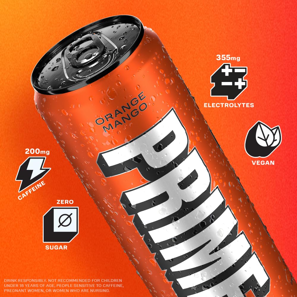 PRIME Energy ORANGE MANGO | Zero Sugar Energy Drink | Preworkout Energy | 200mg Caffeine with 355mg of Electrolytes and Coconut Water for Hydration| Vegan | Gluten Free |12 Fluid Ounce | 12 Pack