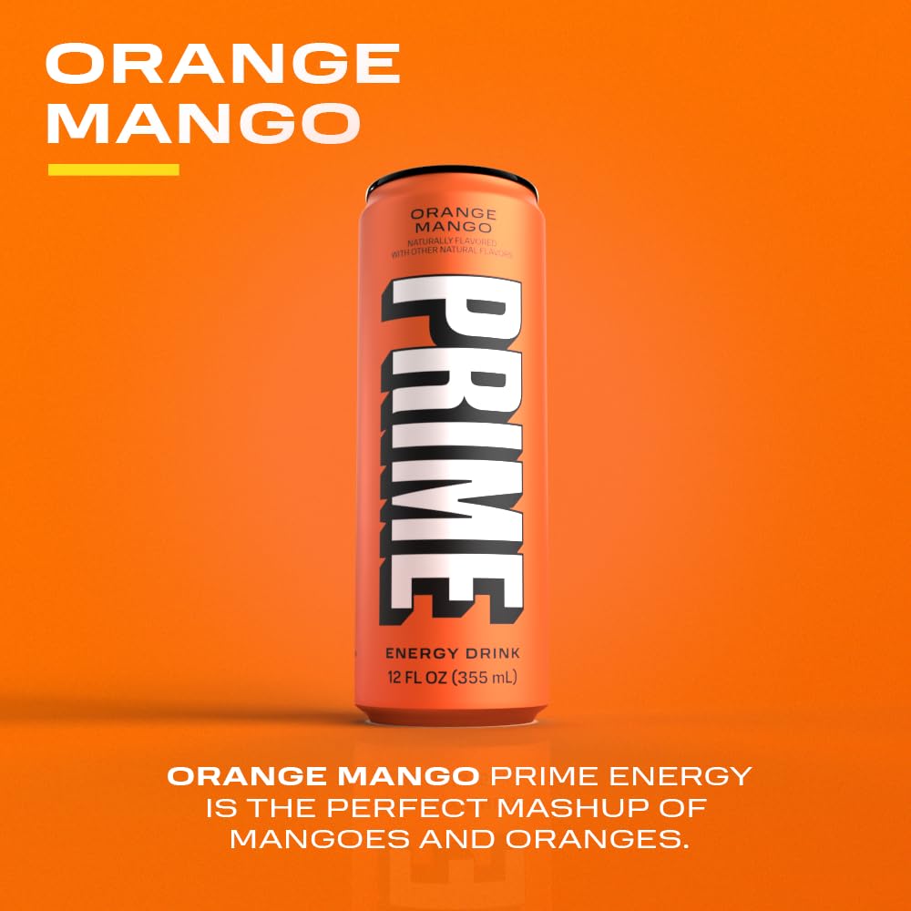 PRIME Energy ORANGE MANGO | Zero Sugar Energy Drink | Preworkout Energy | 200mg Caffeine with 355mg of Electrolytes and Coconut Water for Hydration| Vegan | Gluten Free |12 Fluid Ounce | 12 Pack