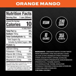 PRIME Energy ORANGE MANGO | Zero Sugar Energy Drink | Preworkout Energy | 200mg Caffeine with 355mg of Electrolytes and Coconut Water for Hydration| Vegan | Gluten Free |12 Fluid Ounce | 12 Pack