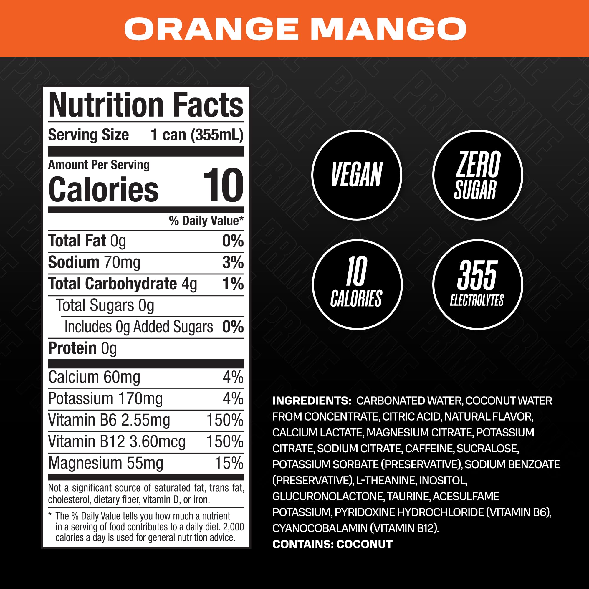 PRIME Energy ORANGE MANGO | Zero Sugar Energy Drink | Preworkout Energy | 200mg Caffeine with 355mg of Electrolytes and Coconut Water for Hydration| Vegan | Gluten Free |12 Fluid Ounce | 12 Pack