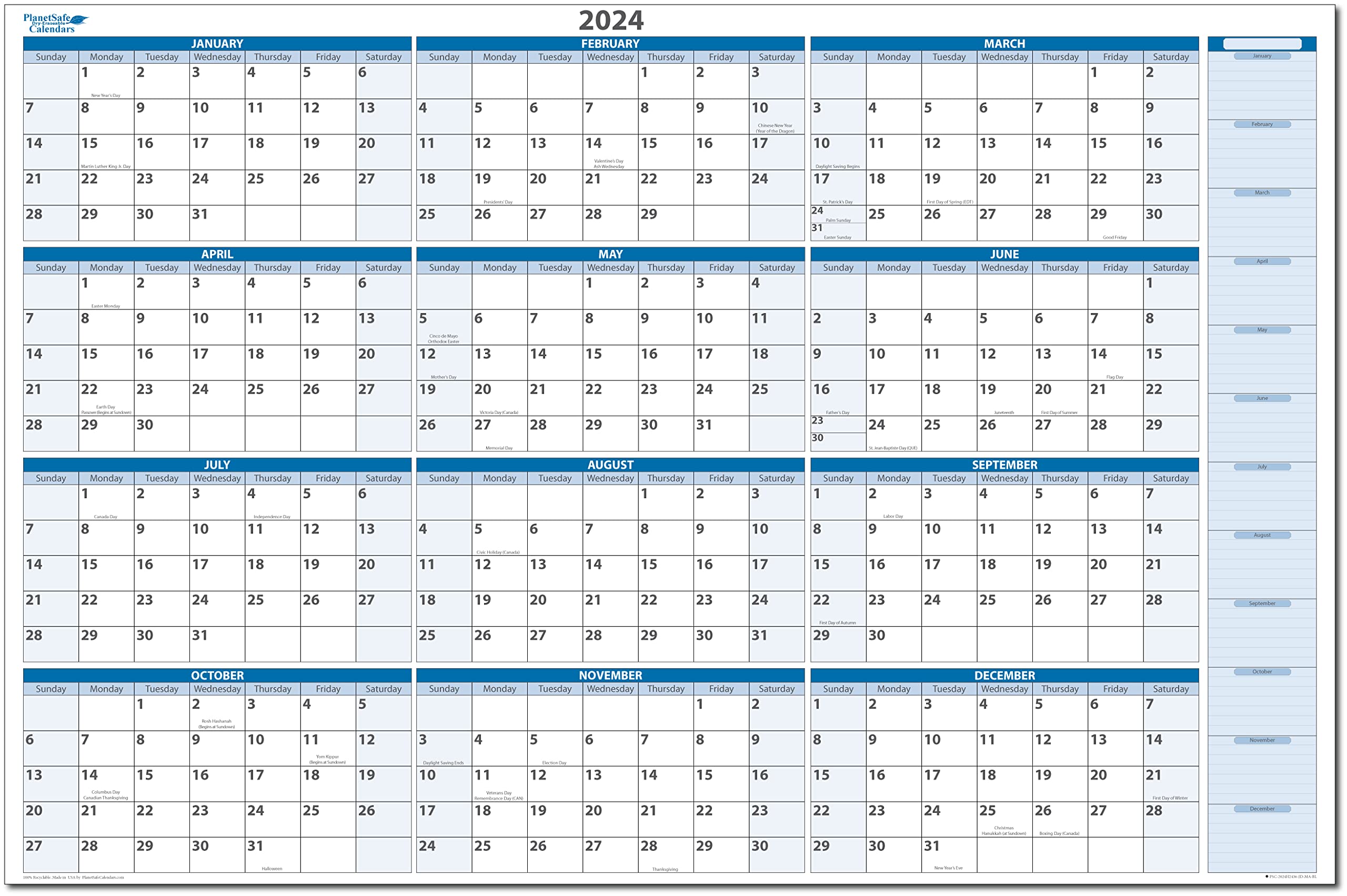 2024 Horizontal Sky Blue Wet & Dry-Erasable Wall Calendar 36 tall x 56 wide with next year planning area