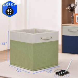 13 inch Cube Storage Bins,Foldable Fabric Storage Cubes with Labels 6 Pack,Linen Cube Storage Organizer Bins with Cotton Handles for Home,Nursery,Clothes,Toys, Shelves and Closet(White green).