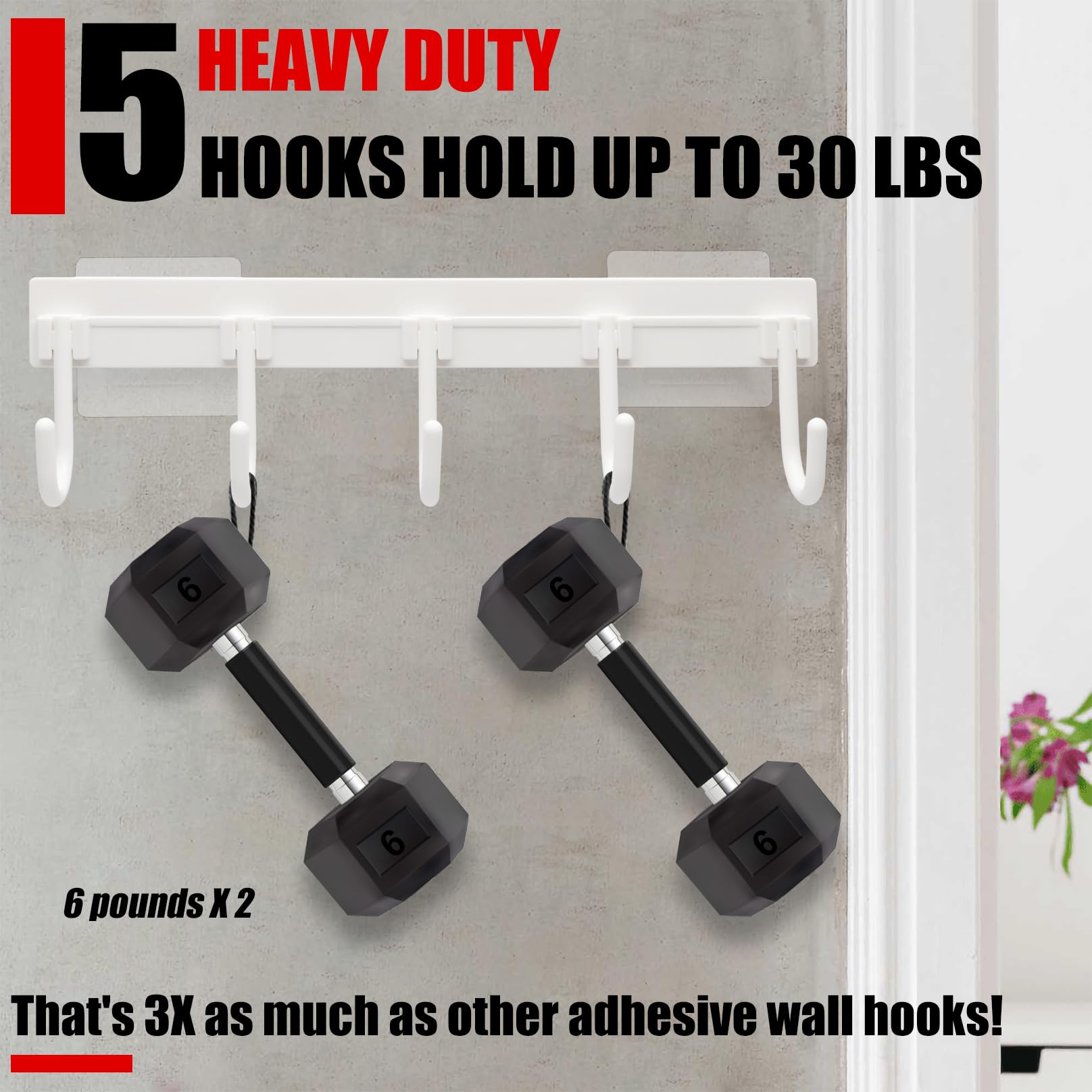 Heavy Duty Wall-Hooks 30lbs,Set of 2 Adhesive Towel-Rack with 5-Tri Hooks for Bathroom-Organizer,Coat-Rack-Wall-Mount,Over-the-Door-Hooks,Home & Kitchen-Organizer-and-Storage,Dorm-Room-Essentials