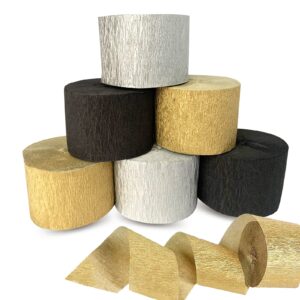 crepe paper streamers 6 rolls 492ft, pack of 2 gold, 2 silver, 2 black - streamers party decorations streamers (1.8 inch x 82 ft/roll),for party decorations birthday decorations, wedding decorations