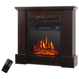 costway 32-inch electric fireplace with mantel, 1400w fireplace heater with remote control, 3-level realistic flame, 6h timer, overheat protection, wooden surround fireplace for living room, brown