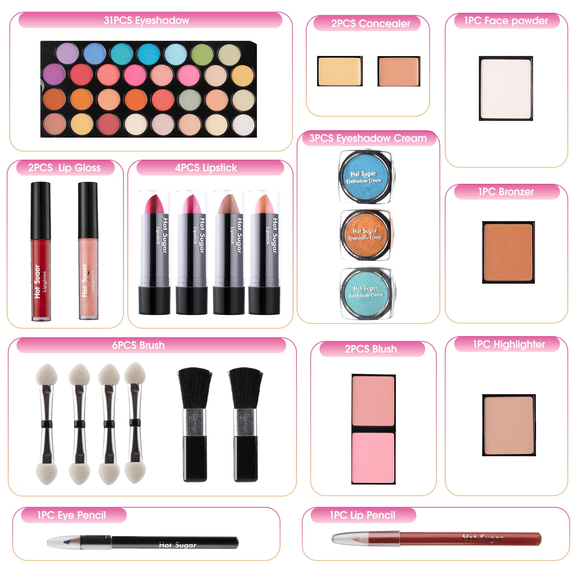 Hot Sugar Girls Makeup Kit for Birthday Gift, All in One Beginner Makeup Kit for Women Full Kit, Christmas Makeup Set for Teens 10 12 13 16 Includes Real Cosmetics and Makeup Tools (PINK)
