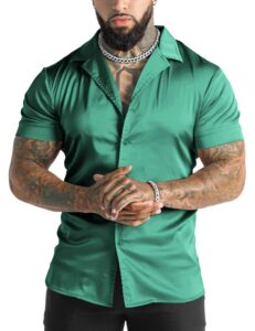 urru men's luxury shiny silk like satin dress shirt cuban collar short sleeve casual slim fit muscle button up shirts dark green l