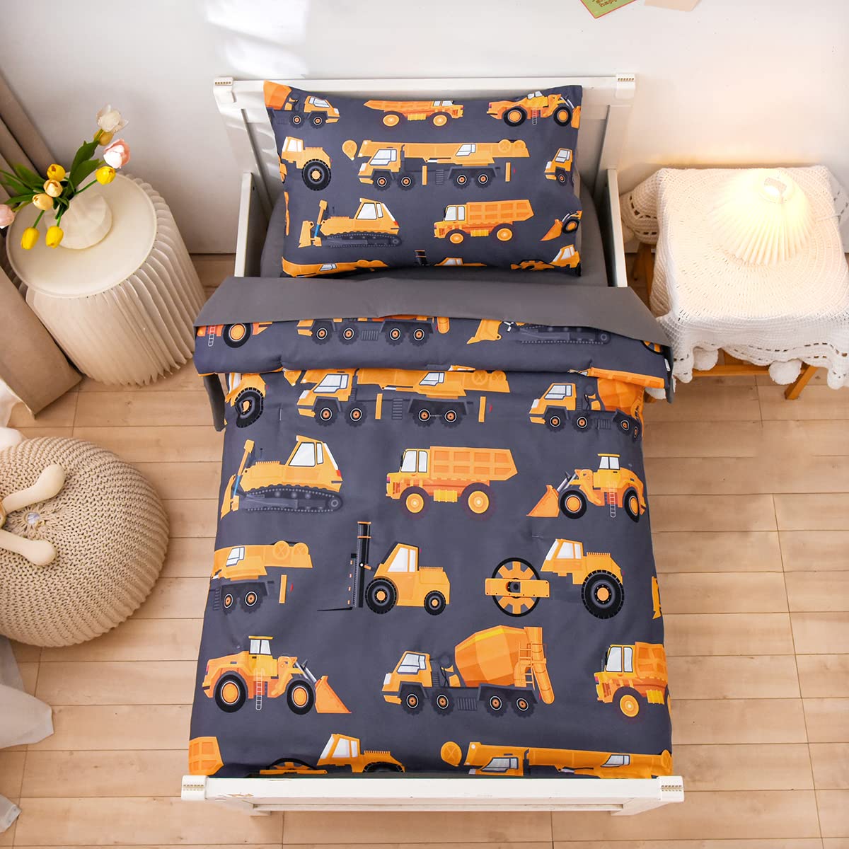 NTBED 4 Pieces Construction Toddler Bedding Set for Baby Boys, Truck Vehicles Excavator Cars Printed, Includes Comforter, Flat Sheet, Fitted Sheet and Pillowcase,Grey