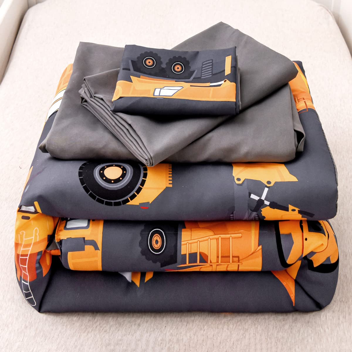 NTBED 4 Pieces Construction Toddler Bedding Set for Baby Boys, Truck Vehicles Excavator Cars Printed, Includes Comforter, Flat Sheet, Fitted Sheet and Pillowcase,Grey