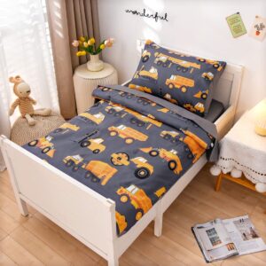 NTBED 4 Pieces Construction Toddler Bedding Set for Baby Boys, Truck Vehicles Excavator Cars Printed, Includes Comforter, Flat Sheet, Fitted Sheet and Pillowcase,Grey