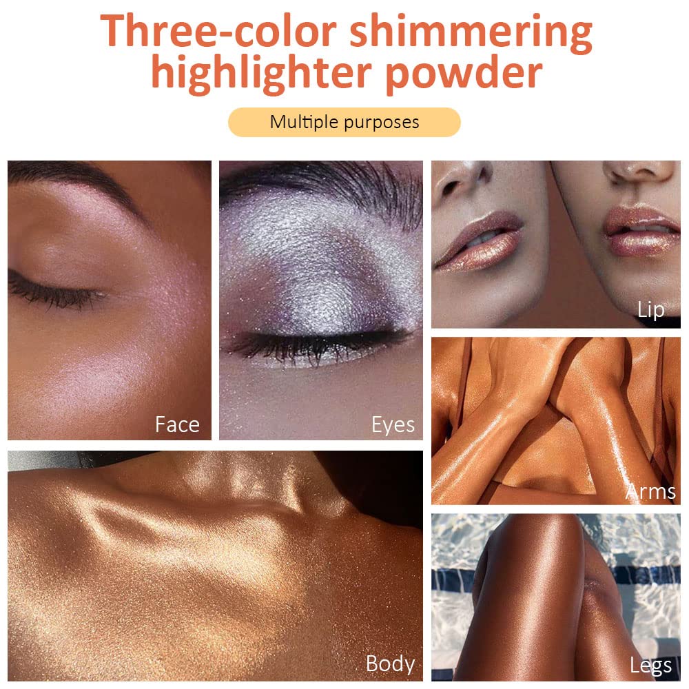 Highlighter Stick Makeup 3pcs Set,Body Shimmer Patting Powder Glitter High Gloss Sparkle Loose Powder Stick Brighten Face Body Lips Eyes Glow Cosmetic-3pcs Moonbeam (White+Pink+Gold)