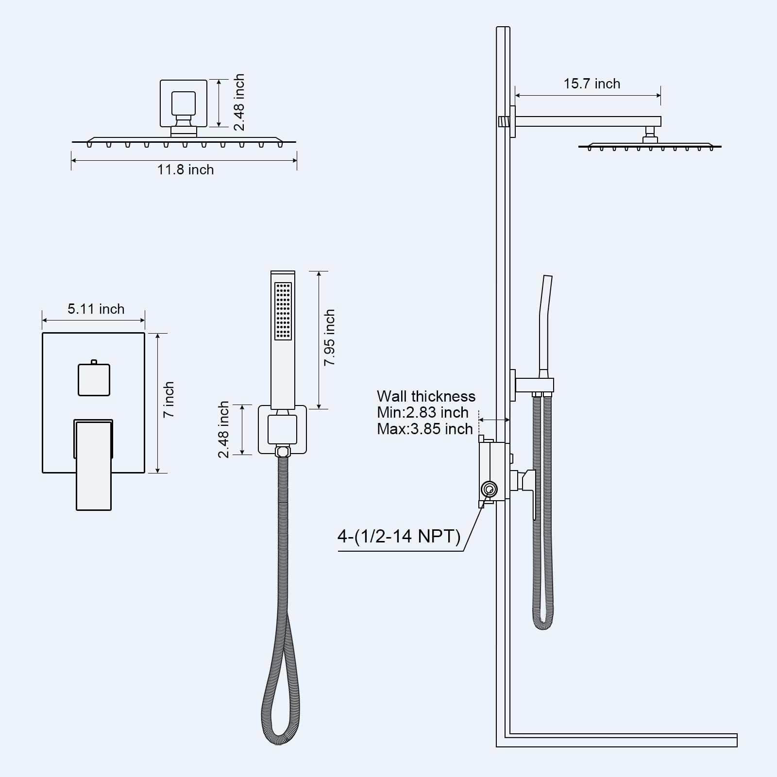 Baetuy 12 Inch Shower Faucet Set, Rainfall Shower System with High Pressure Handheld and Square Fixed Shower Head,Spray Wall Mounted Shower Fixtures