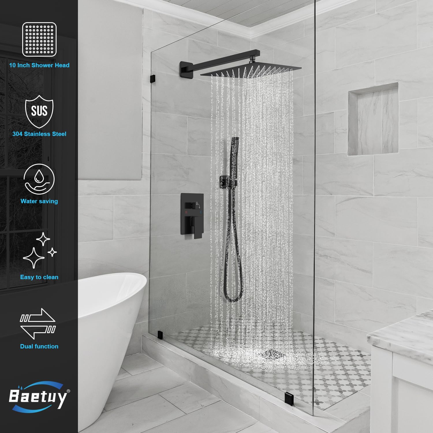 Baetuy 12 Inch Shower Faucet Set, Rainfall Shower System with High Pressure Handheld and Square Fixed Shower Head,Spray Wall Mounted Shower Fixtures