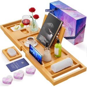 yirilan lux expandable bathtub tray caddy with 3 bath bombs-self care and relaxation birthday gifts for women and men, housewarming gift idea, for mom sister daughter wife
