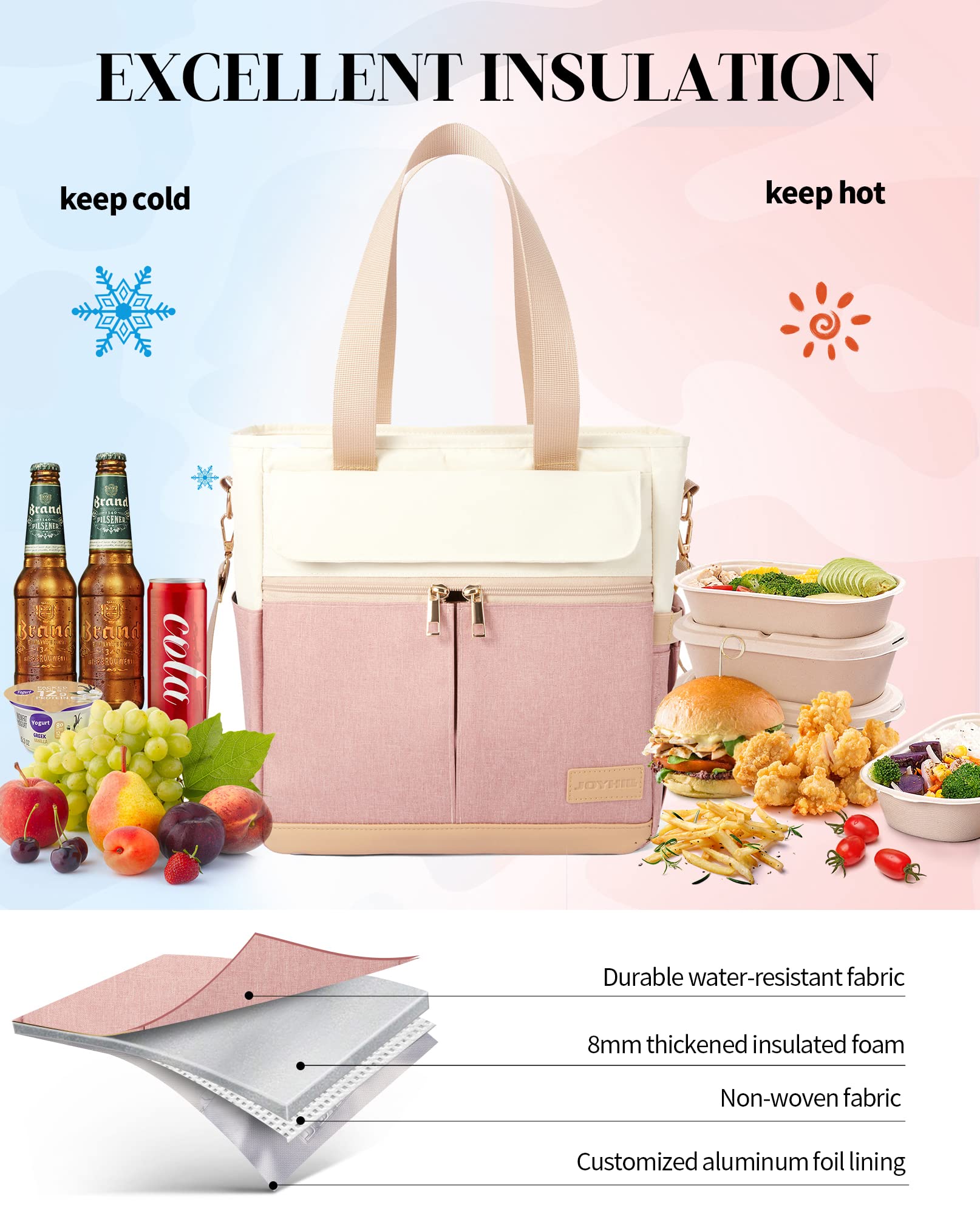 JOYHILL Lunch Bag for Women, Lunch Tote Leakproof Insulated Lunch Box with Shoulder Strap, Adult Reusable Lunch Cooler Tote Bags for Work Picnic Camping Beach (A-PINK)