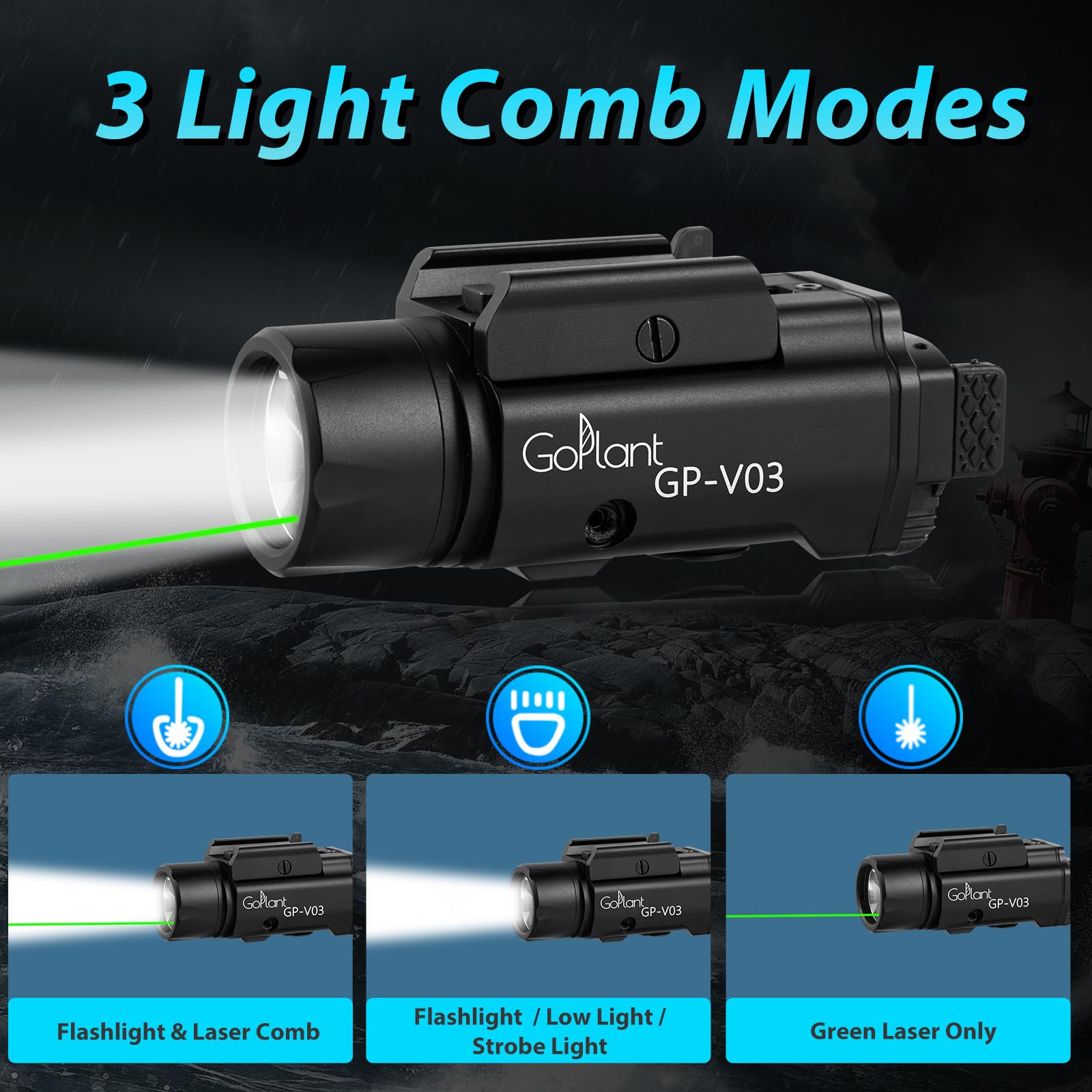 GOPLANT 1500 Lumens Weapon Laser Light Combo - Adjustable Rail LED Light and Green Laser Flashlight, Magnetic Rechargeable Strobe Sub-Compact Tactical Light for Picatinny or GL Rail