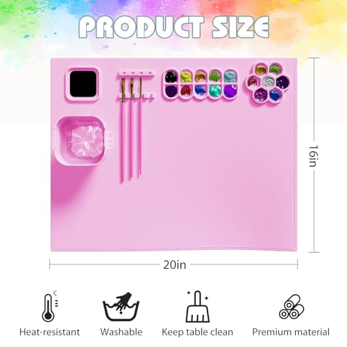 Silicone Mat for Painting 20"x16", Silicone Craft Mat Set with Magnetic Pop-Up Water Cup, Brush, Bag, 12 Color Dividers, Best Gift Chrismad for Family, Pink