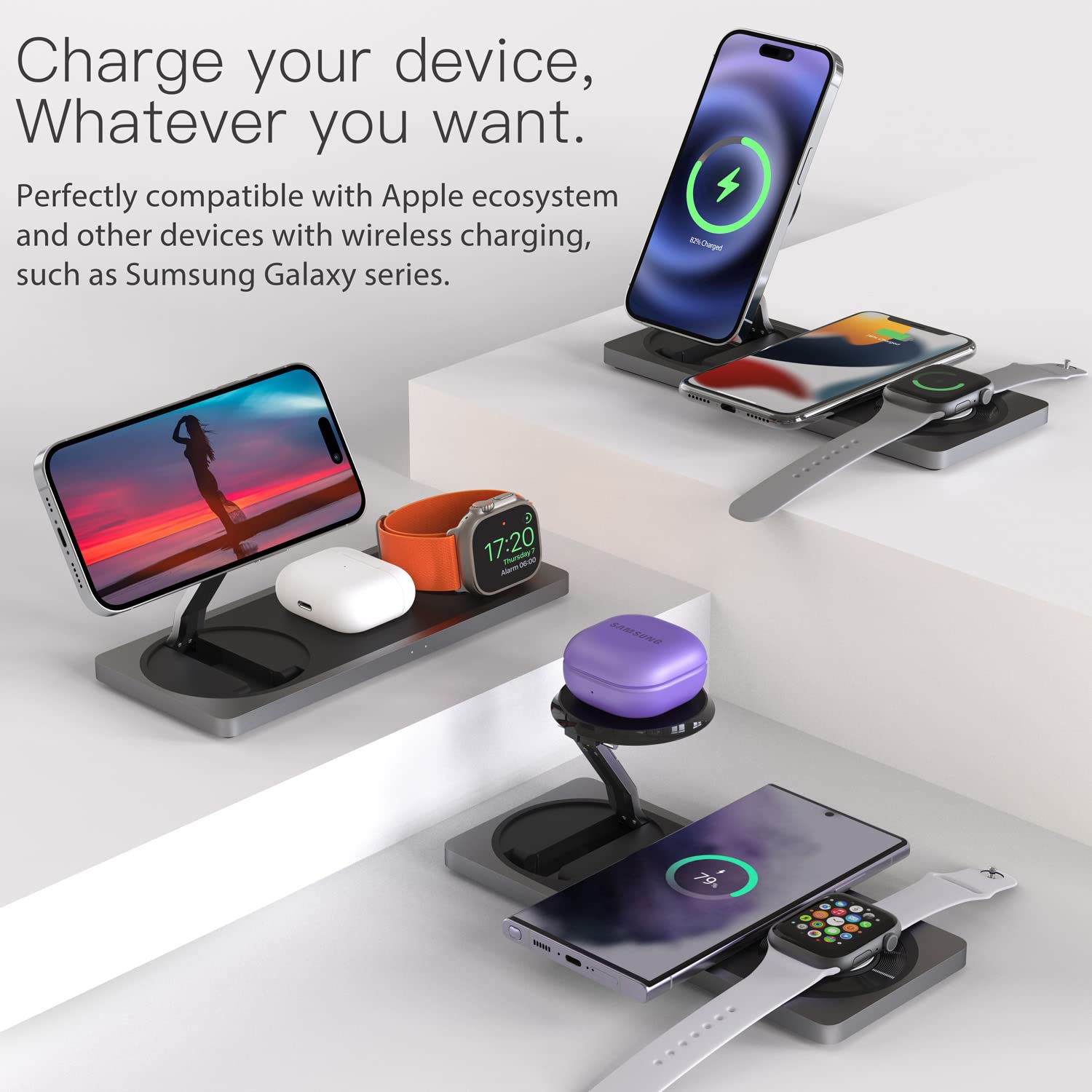 PETINO 3 in 1 Charging Station for Apple Devices, Faster Mag-Safe Charger Stand, Magnetic Wireless Charger Station for iPhone 15/14/13/12 Series, Apple Watch Series, AirPods Pro(Black)