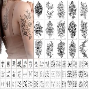 emome 400+ stylish styles realistic temporary tattoos for women, long lasting semi permanent tattoo, waterproof large flowers rose hand tattoos stickers and fake tattoos for adults girls (79 sheets)
